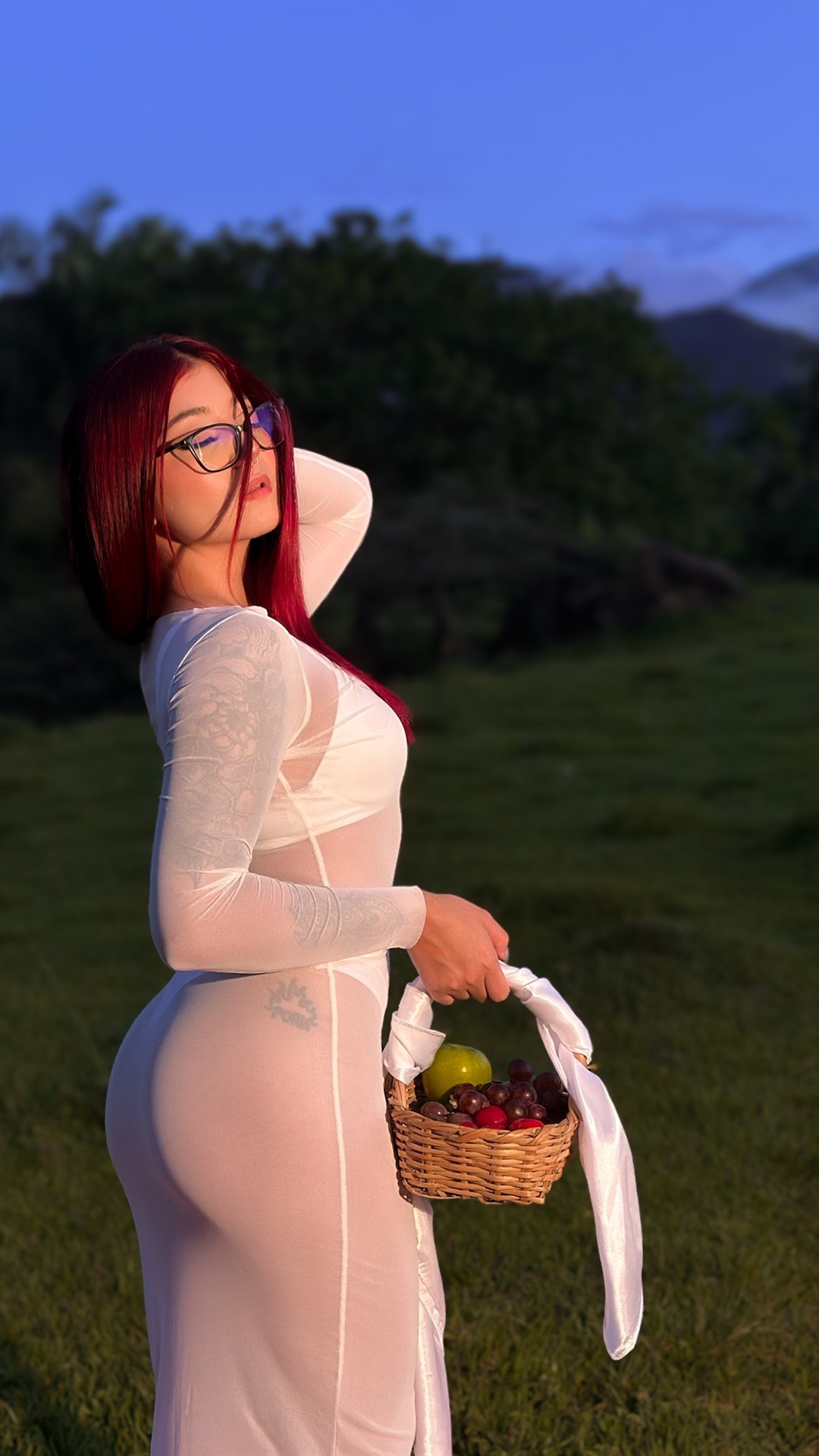 En un campo al anochecer, con vestido largo translúcido y una cesta de fruta